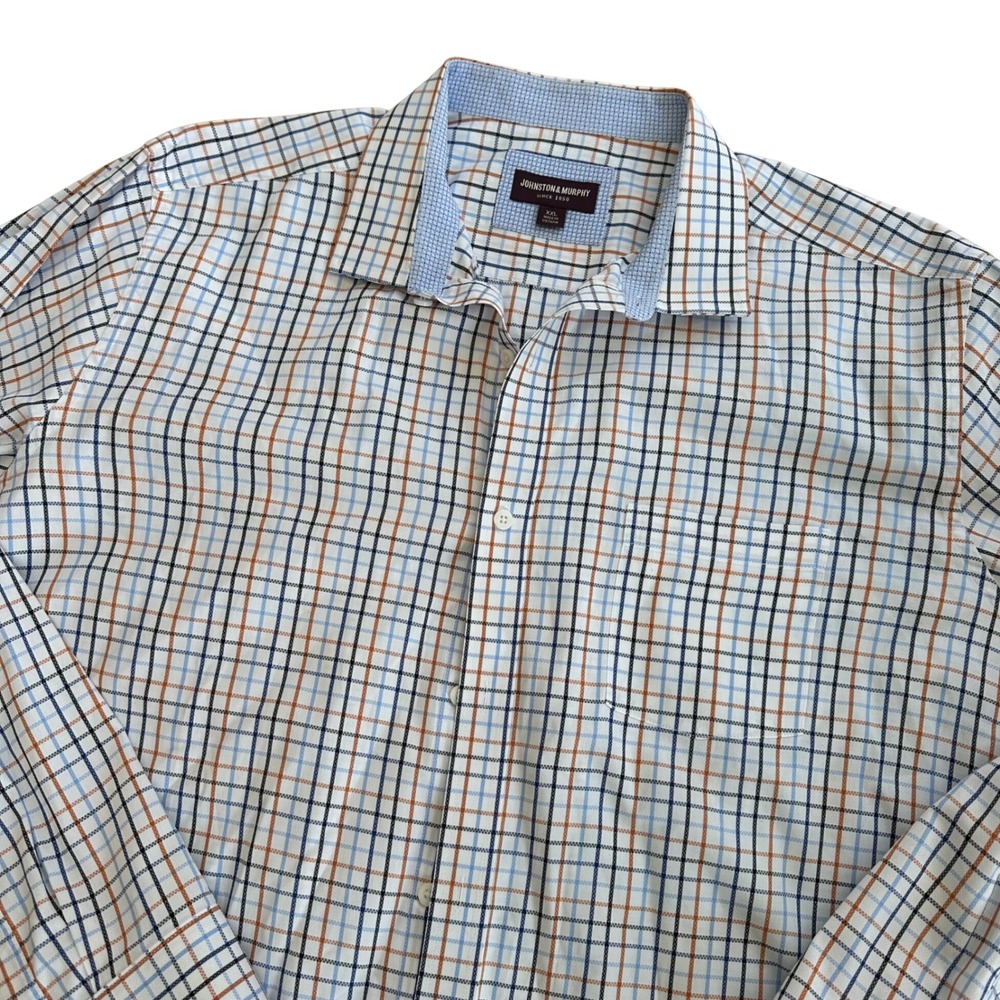 Johnston & Murphy Mens XXL Blue Orange Plaid Check Button Down Shirt 100% Cotton